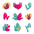 Human hands vector symbols of helping hand, heart or bird icon Royalty Free Stock Photo
