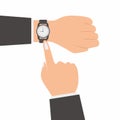 Human hands with watch flat cartoon icons style. A male hand uses a watch while showing the time on his watch isolated on white