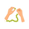 Human hands working with green beads, top view. Handmade bijouterie jewelry. Hobby and leisure. Flat vector design