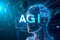 Human head on abstract cybernetic data background with word AGI for Artificial General Intelligence