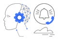 Human head with AI gears, neural network, notification bell, and cloud representing technology concepts Royalty Free Stock Photo