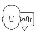 Human head and audio track thin line icon, Sound design concept, Soundwave music and male avatar sign on white
