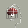 Human head with brain in cage concept, lock and key conceptual symbol