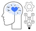 Human brain with heart symbol, interconnected blocks, gear, and light bulb representing ideas and innovation Royalty Free Stock Photo