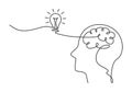 A human head with a brain and a light bulb on are drawn by one continuous line Royalty Free Stock Photo