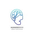 Human head and brain logo sign or emblem design template. Abstract continuous line creative idea vector icon