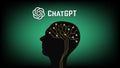 Human head with brain from PCB and ChatGPT artificial intelligence program logo, OpenAI company, on gradient green background.