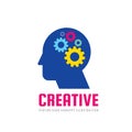 Human head and brain process with gears - vector business logo concept illustration in flat design style. Creative idea symbol. Royalty Free Stock Photo