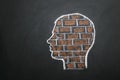 Human head with brick wall. Mental block. Symbolized with a brick wall in the brain of a person Royalty Free Stock Photo