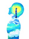 Human head, chakra power, fantasy abstract thinking, world, universe inside your mind, watercolor painting Royalty Free Stock Photo