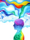 Human head, chakra power, inspiration abstract thinking inside your mind, watercolor painting Royalty Free Stock Photo