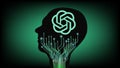 Human head with ChatGPT artificial intelligence program logo, OpenAI company, and PCB tracks on green background. Illustration