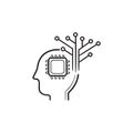 Human head with chip and circuit hand drawn outline doodle icon.