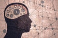 Human head with gear wheels inside. Productivity, effectiveness concept. Intelligence and knowledge development with brain Royalty Free Stock Photo