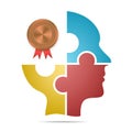 The human head composed of colored puzzle pieces with bronze labels and red ribbons and gray shadow below the head on a white back Royalty Free Stock Photo