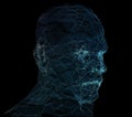 Human head with in 3d space network. Blue abstract futuristic medicine, science and technology background illustration Royalty Free Stock Photo