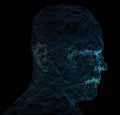 Human head with in 3d space network. Blue abstract futuristic medicine, science and technology background illustration Royalty Free Stock Photo