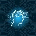 Human Head With Digital Brain Icon Over Blue Circuit Motherboard Background Royalty Free Stock Photo