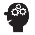 Human head face icon Black silhouette. Gears wheels inside brain. Team work business concept. Thinking process. Flat design. White
