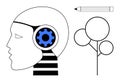 Human Head with Gear Inside, Pencil, and Minimalist Tree Representing Creativity and Innovation Royalty Free Stock Photo