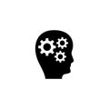 Human Head with Gears, Thoughts of Brain. Flat Vector Icon illustration. Simple black symbol on white background. Human Head Gears Royalty Free Stock Photo