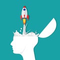 The human head has a rocket coming out of the inside of the brain. Spark startup ideas Royalty Free Stock Photo