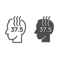 Human head with high temperature line and solid icon. Person with fever and flu outline style pictogram on white Royalty Free Stock Photo