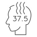 Human head with high temperature thin line icon. Person with fever and flu outline style pictogram on white background Royalty Free Stock Photo