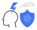 Mental health concept featuring human head with lightning bolt and fingerprint shield for protection Royalty Free Stock Photo