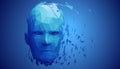 Human head, low poly style 3d vector wireframe object broken into different particles.