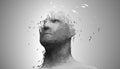 Human head, low poly style 3d vector wireframe object broken into different particles.