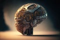 Human head made of metallic parts and cogs in a futuristic city