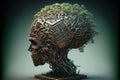 Human head made of metallic and vegetal parts, looking like a tree
