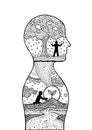 Human head man inside planting tree spirit power energy abstract art illustration design hand drawn
