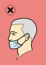 Human head 35. The head of a man in a medical mask. Improper wearing of a medical mask during a viral epidemic or pandemic