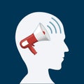 Human head with a megaphone inside. Agitation and advertising