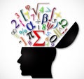 Human head open with color mathematical symbols Royalty Free Stock Photo