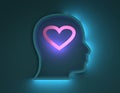 Human head outline silhouette with neon shine heart icon