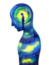 Human head power, abstract thinking, world, universe inside your mind, watercolor painting Royalty Free Stock Photo