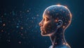 Human head profile, artificial intelligence concept. Digital consciousness, glowing particles, data streams, neural network idea. Royalty Free Stock Photo