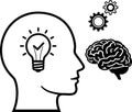 Human head profile with brain gears icon and light bulb inside depicting thinking process idea generation and creative mind symbol Royalty Free Stock Photo