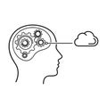 Human head profile with gears inside, connected to a cloud icon, symbolizing thought process, cloud computing, and data transfer, Royalty Free Stock Photo
