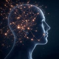 Human head profile with glowing neural network lines on starry background Royalty Free Stock Photo