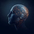 Human head profile with glowing neural network lines on starry background Royalty Free Stock Photo