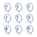 Human head profile line icon set, cognitive psychology or psychiatry, intellect training