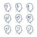 Human head profile line icon set, cognitive psychology or psychotherapy, positive or negative thinking, behavior concept