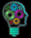 A human head profile shaped bulb with inside iron gears. PNG available