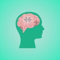 Human Head With Puzzled Brain Over Green Background, Vector Illustration