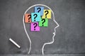 Human head shape on a blackboard with question marks on post-its inside Royalty Free Stock Photo