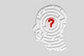 Human head shaped maze or labyrinth with question mark in the center over white background, confusion or solution concept Royalty Free Stock Photo